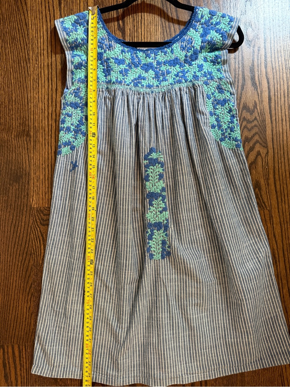Mi Golondrina Blue and White Chambray  Pinstripe Embroidered Striped Dress - Picture 4 of 5